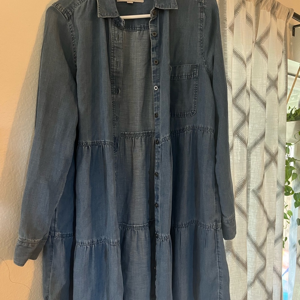 LOFT Blue Tiered Ruffled Long Sleeve Dress